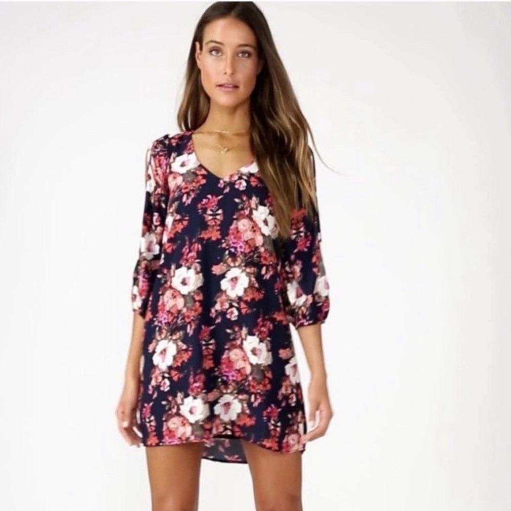 Lulu’s shifting dears dress navy blue floral xs